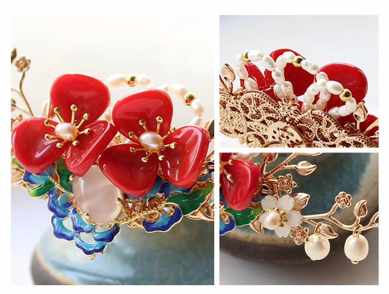 Шпилька для волос с красными цветами и пресноводным жемчугом|Украшения волос| |