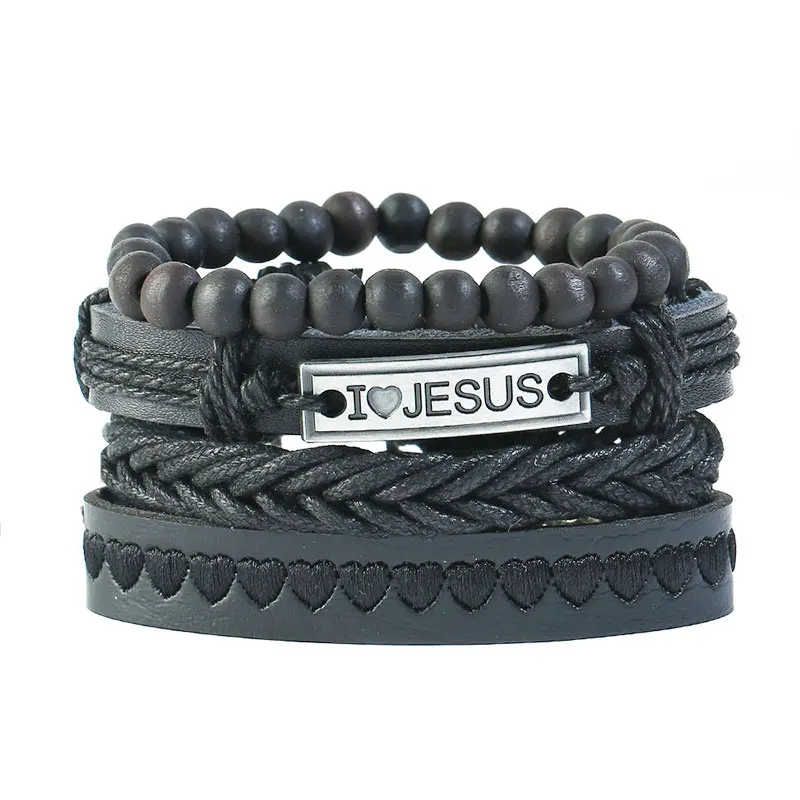 

Rope Leather Handmade Braided Multilayer Wooden Beads Charm Bracelets Retro Set Punk I Love Jesus Adjustable Bangle Jewelry