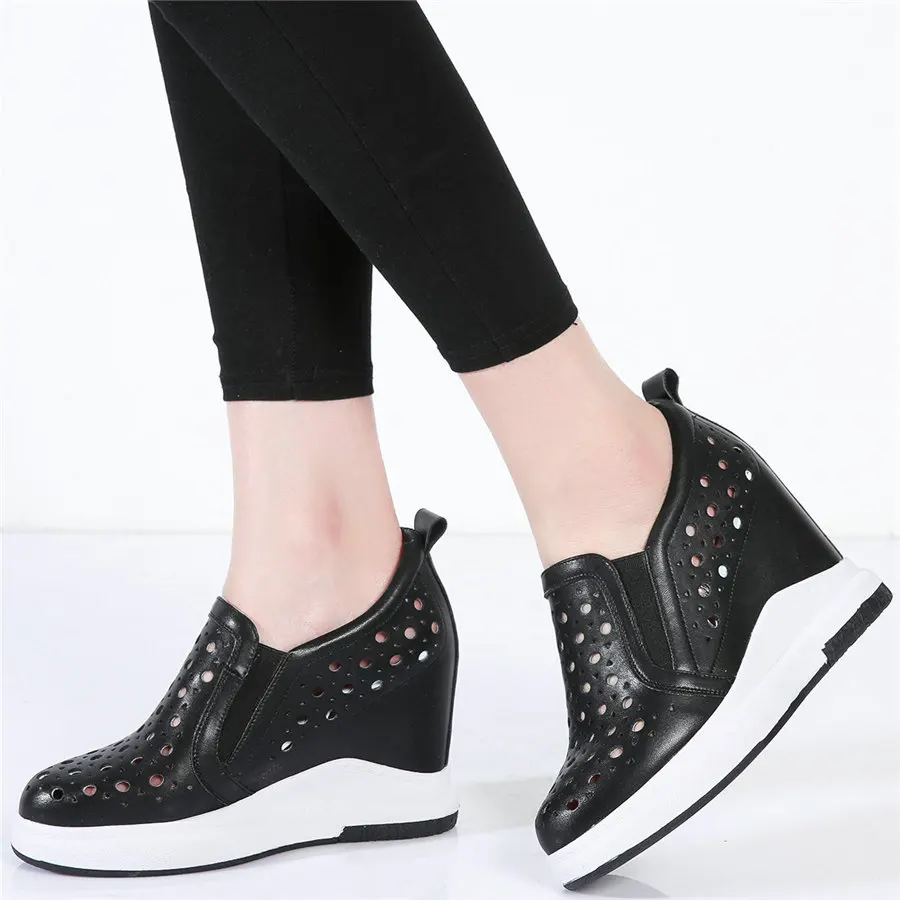 Туфли лодочки женские из натуральной кожи на танкетке высокий каблук круглый