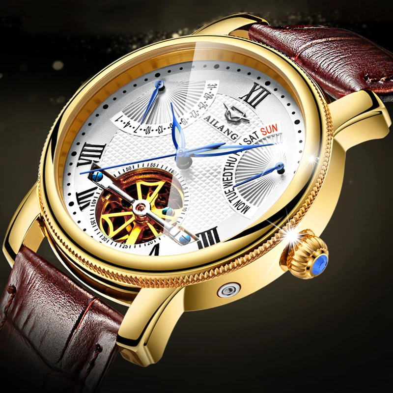 

AILANG Fashion Luxury Gold Business Men Watch Case Automatic Luminous Calendar Leather Waterproof Mechanical Wristwatches 5802