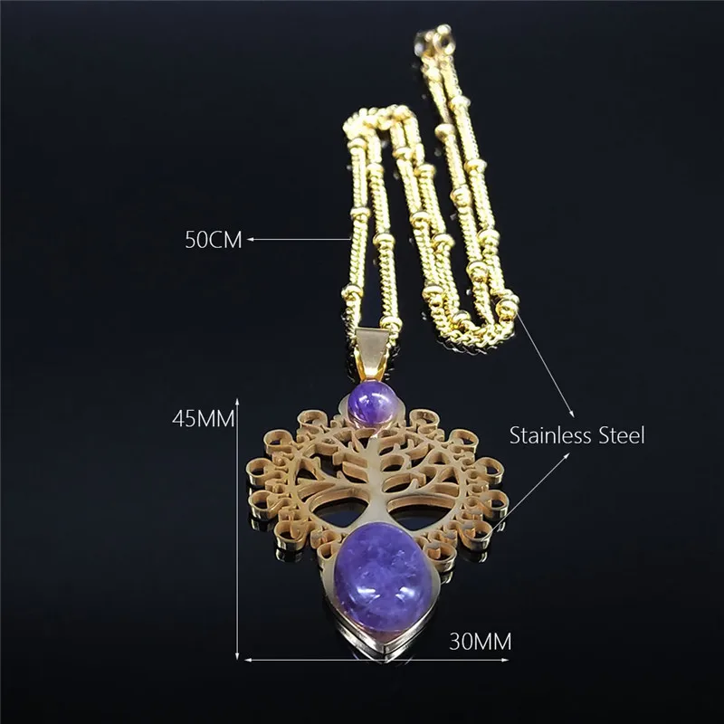 

Bohemia Tree of Life Purple Crystal Stainless Steel Necklaces Wmen Gold Color Charm Necklace Vacation Jewelry bijoux femme NXS04