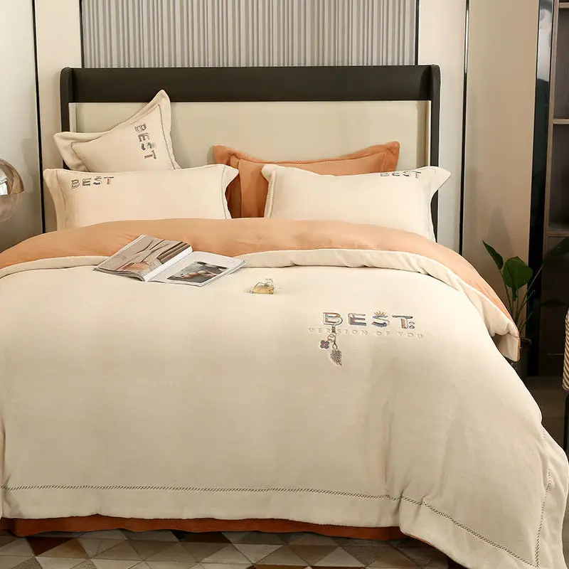 

Milk Fiber Bedding Set BEST Embroidered Duvet Cover Luxury 4Pcs Queen King Size With Pillowcases Home Textiles Gift