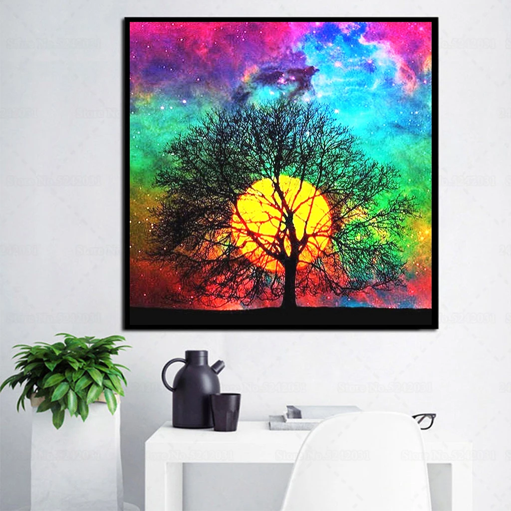 Starry Sky Gorgeous Sunset Behind Tree 5d Diamond Painting Full Square New Arrival Sun and Embroidery Cross Stitch Kit | Дом и сад