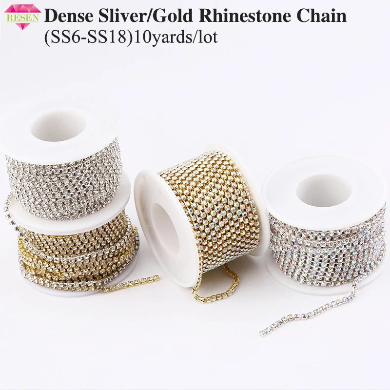 RESEN SS6-SS18, серебряная/Золотая основа, прозрачные Кристальные плотные Стразы, цепочка для шитья, хрустальные стразы
