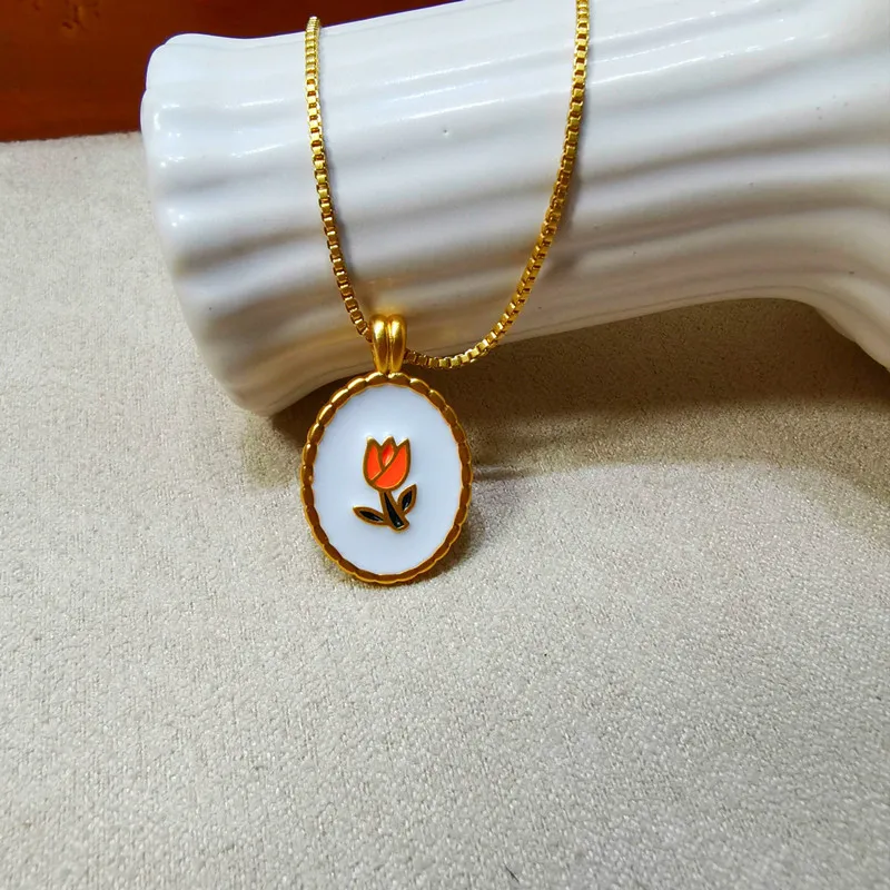 

European and American Fashion Simple Geometric Oval Tulip Flower Shape Enamel Pendant Short Necklace Clavicle Chain