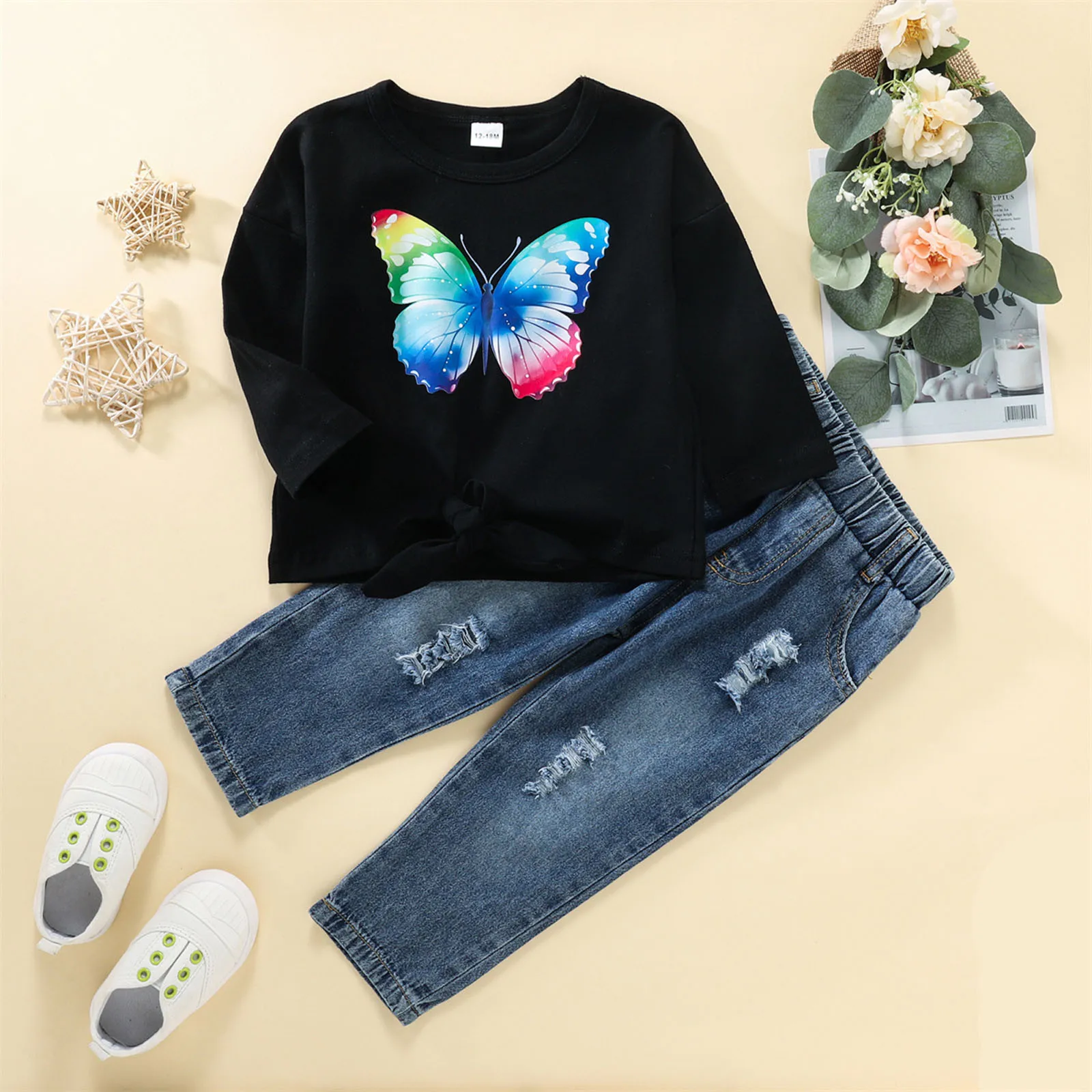 

Newborn Baby Clothes Toddler Boys And Girls Baby Suit Cute Printed Butterfly Top Ripped Denim Trousers Baby Clothing Sets