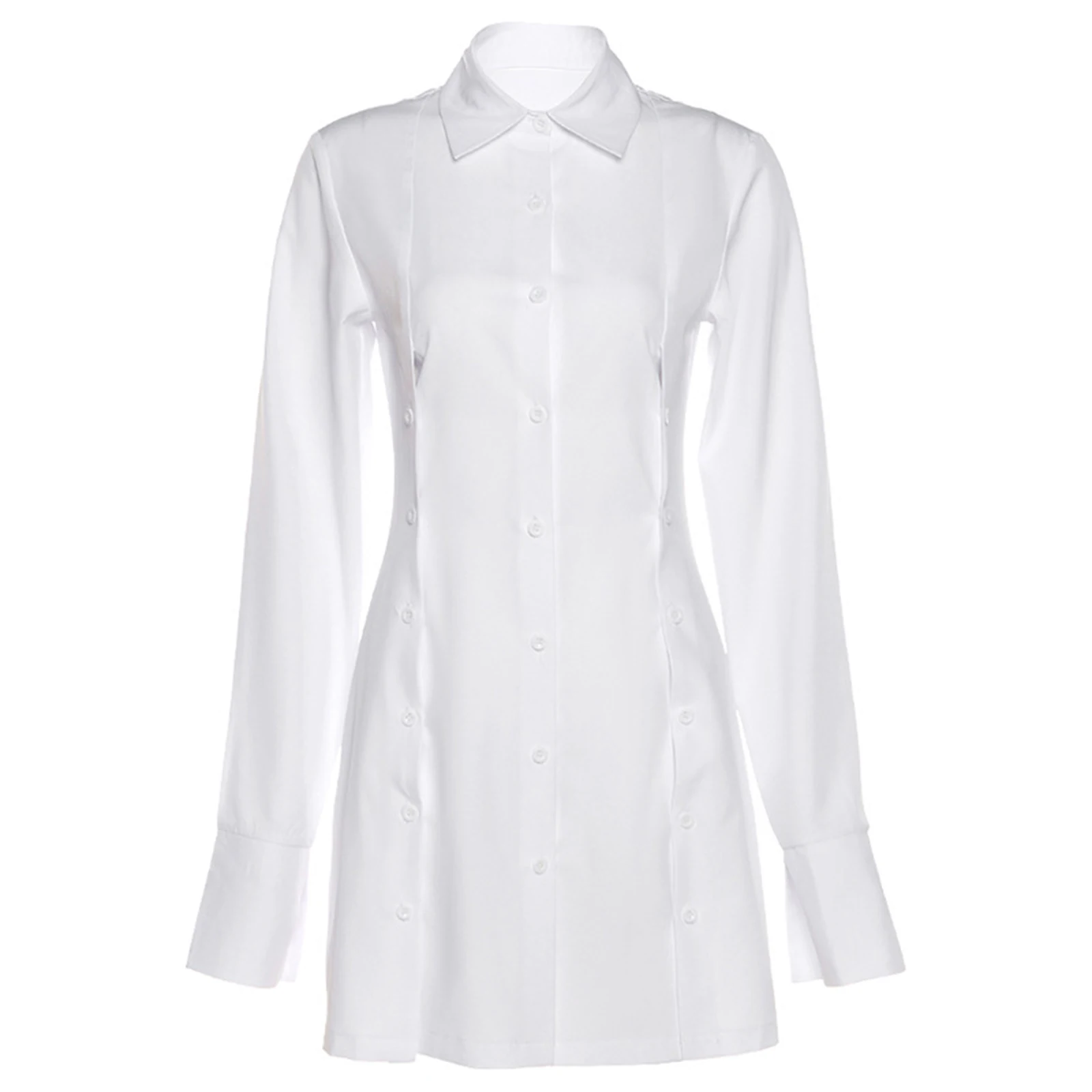 

Hirigin 2021 Autumn Women Sexy Sheath Dress Adults Button-down Solid Color Turn-down Collar Long Sleeve Slit Streetwear