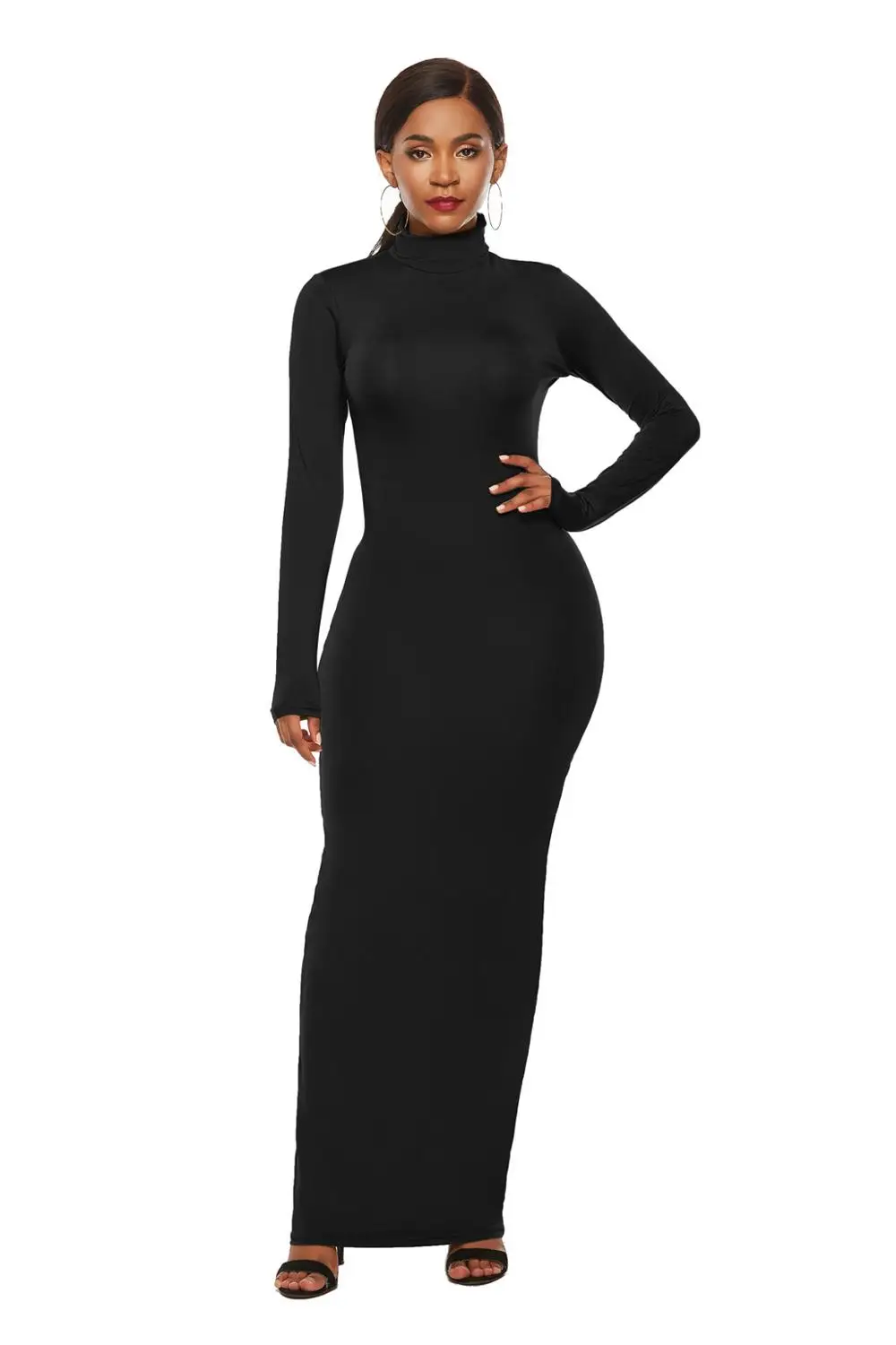 5231 Black Весна-Осень, женское платье с длинным рукавом и О-образным вырезом, однотонное, тонкое, длинное платье, повседневное, простое, с высокой талией, бодикон, посылка, макси платье - Цвет: 5231 Black