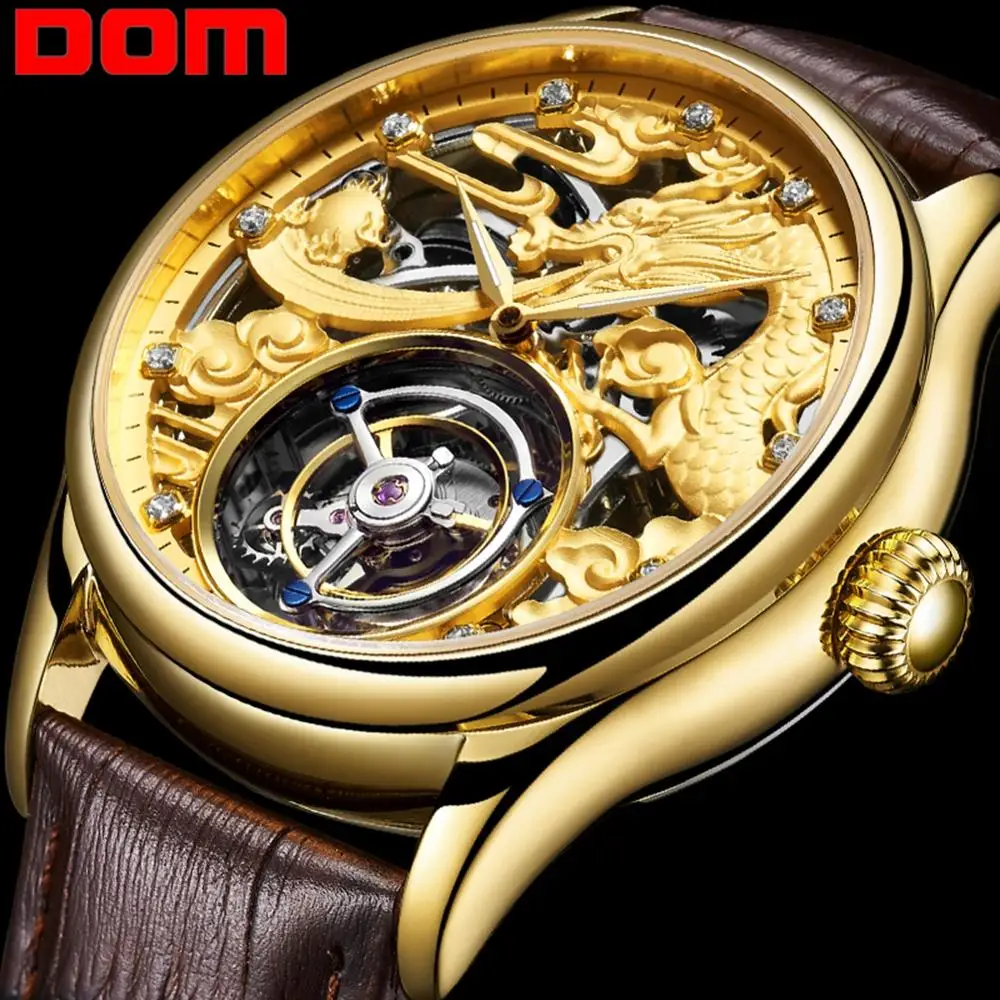 Часы DOM Tourbillon Мужские брендовые роскошные водонепроницаемые с кожаным скелетом