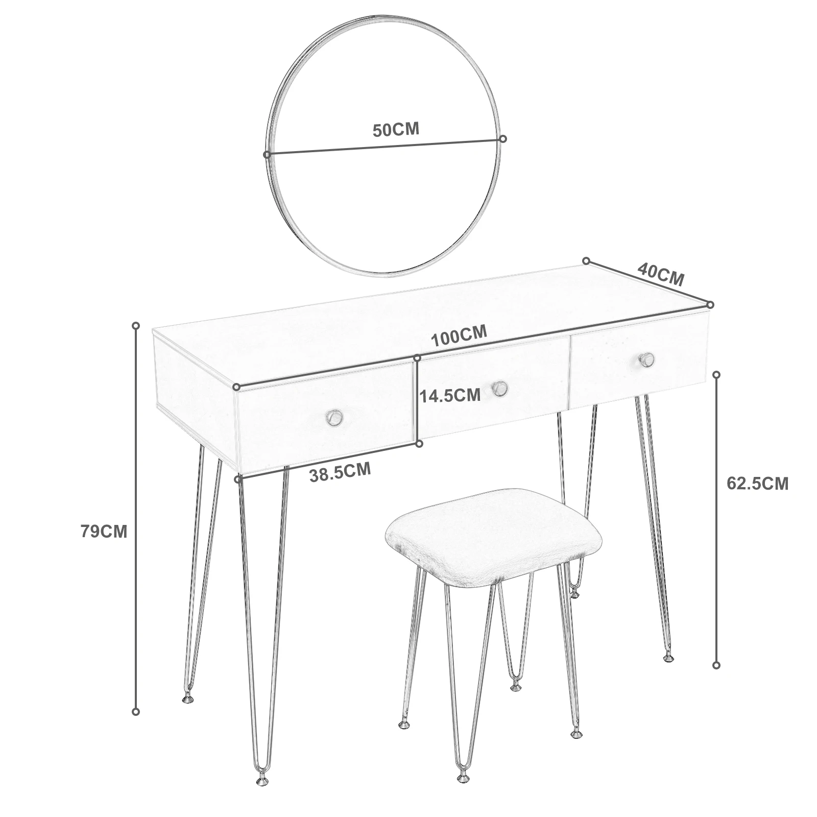 1Set Dressing Table with Stool Mirror Women Girls Makeup Cosmetic 3 Drawers Vanity Dressers Bedroom Furniture | Мебель