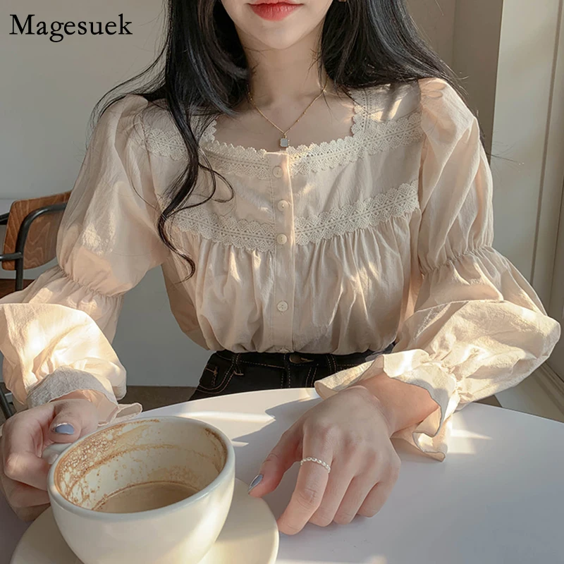 

New Spring Solid Lace Shirt Blouse Women Vintage Square Collar Loose Female Shirts Puff Sleeve Women Blouses Tops Blusas 11200