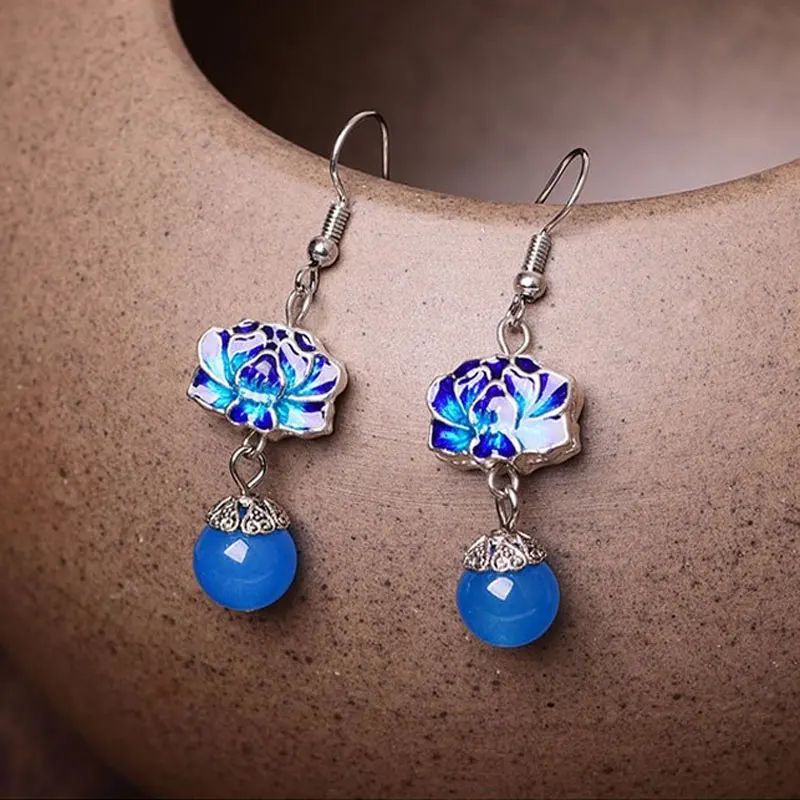 

Женские Висячие серьги S925 Серебряный Синий Зеленый Агат Challcedony круглые серьги подарок для женщин ювелирные украшения из нефрита