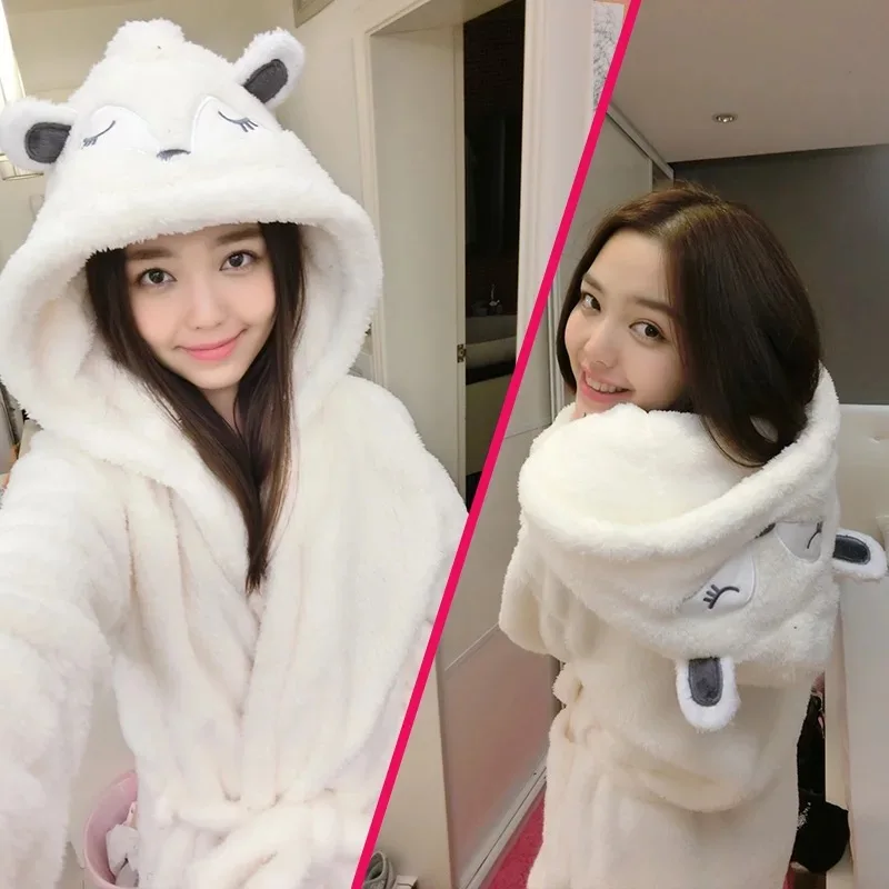 Халат женский зимний бархатный милая мультяшная лиса кролик коралловый банный