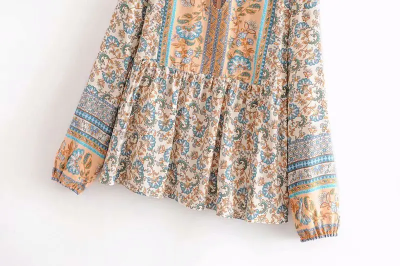 Boho Chic Женские топы, винтажные свободные блузки с цветочным принтом, женские пляжные рубашки с круглым вырезом и длинным рукавом, Blusas Mujer