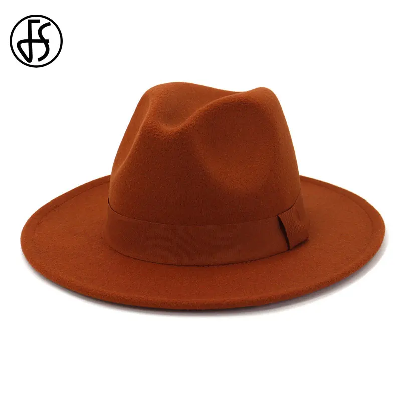 

FS Unisex Wool Felt Jazz Fedora Hats For Women With Ribbon Buckle Men Wide Brim Panama Cap Gentleman Cowboy Hat Chapeau Femme