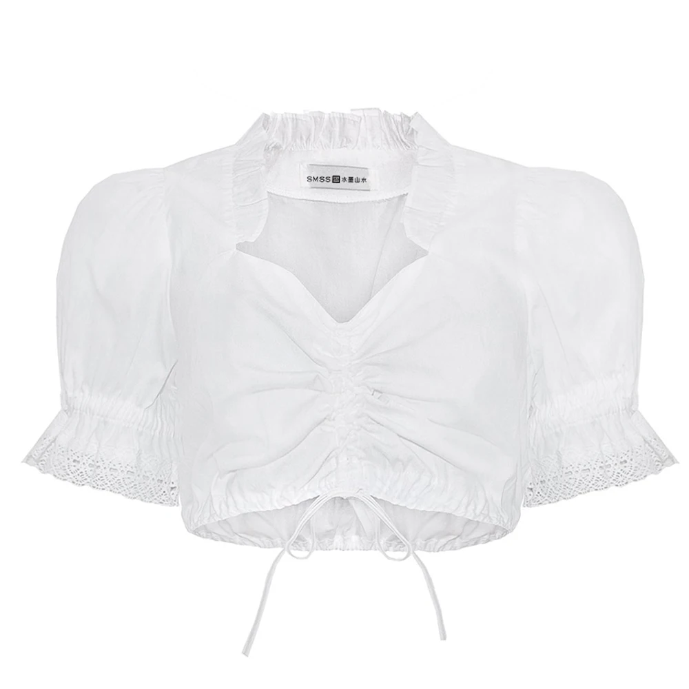 

Sweet Style Women V-neck Lace Work Designed Hollow Out Puff Sleeves Short Pattern String Waist Blouse White FS0857