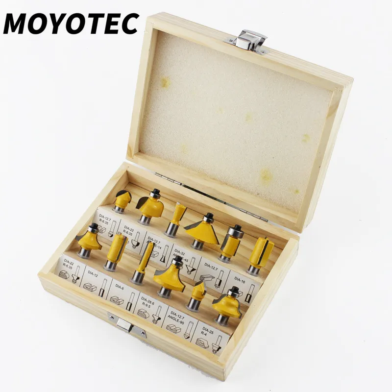 MOYOTEC 12Pcs 45° Woodworking Milling Cutter Set 8mm Shank Router Bit Trimming Cutting Tools Hand Tools Set