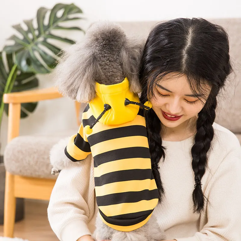 

Bee Fleece Fabric Transformed Into Small Puppy Dog Two-legged Clothes Autumn And Winter New Spring Cat Hoddie Hooded Pet Supplie