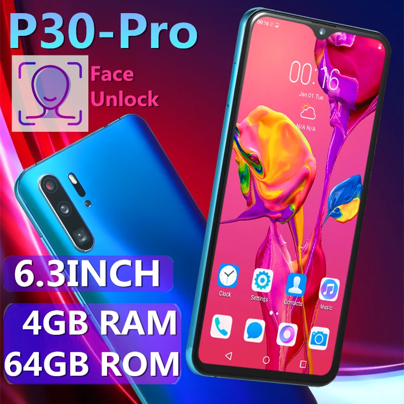 Мобильный телефон P30 Pro, 4 Гб ОЗУ, 64 Гб ПЗУ, 6,3 дюймов, 13 МП, 4800 мАч, четыре ядра, распознавание лица, разблокированные смартфоны, ОС Android