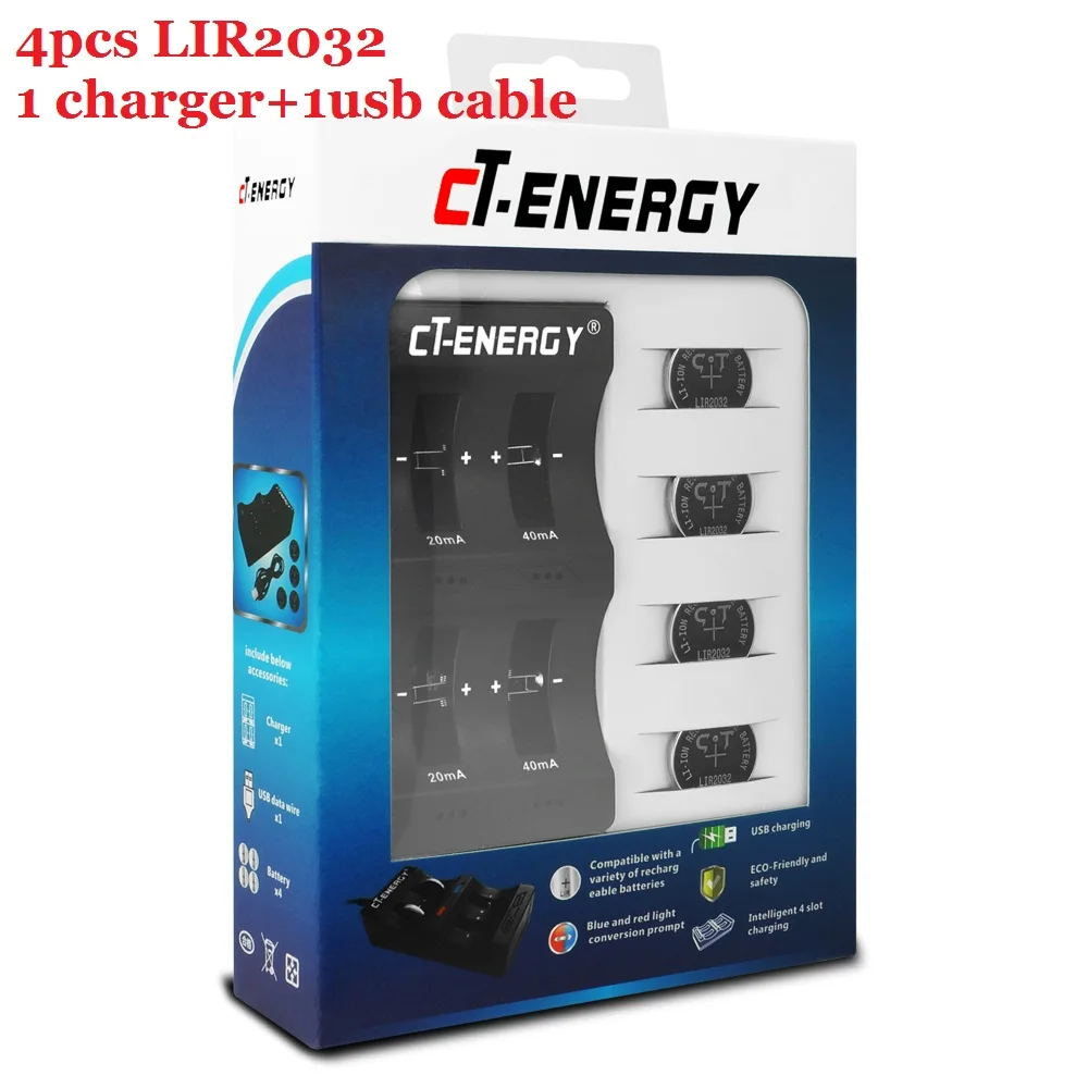 Кнопочный аккумулятор lir2032 зарядное устройство CT Energy 4 слота USB интерфейс для