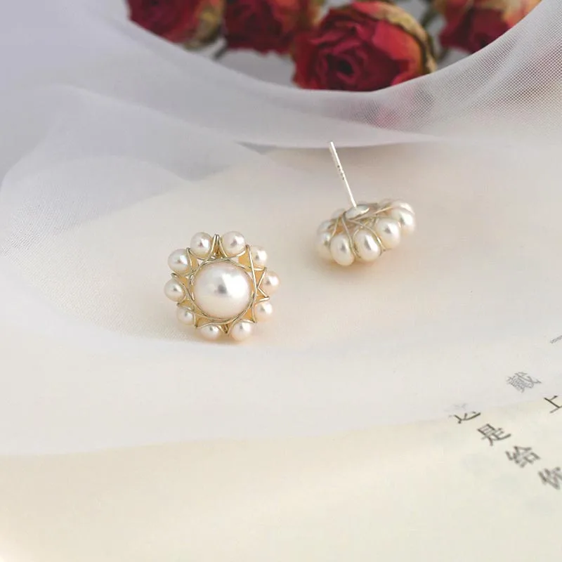 

Round Wrapped Pearl Flower Earrings Freshwater Pearl Romantic S925 Silver Column Natural Baroque Pearl Earrings