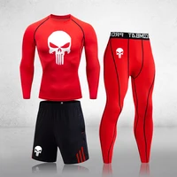 men new skull logo compression sport quick dry running sets clothes tracksuit joggers training gym fitness rashguard mens
