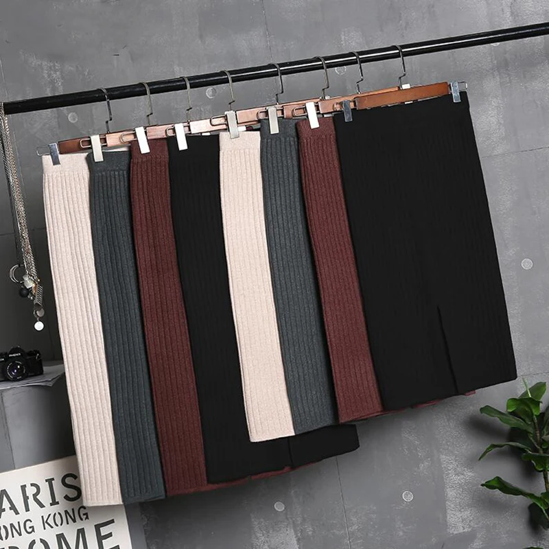 

Xfhh Elegant Women Pencil Skirt 2020 Spring autumn Casual Ribbed Warm Knitted Long Skirt Office High Waist Skirts Womens Plus