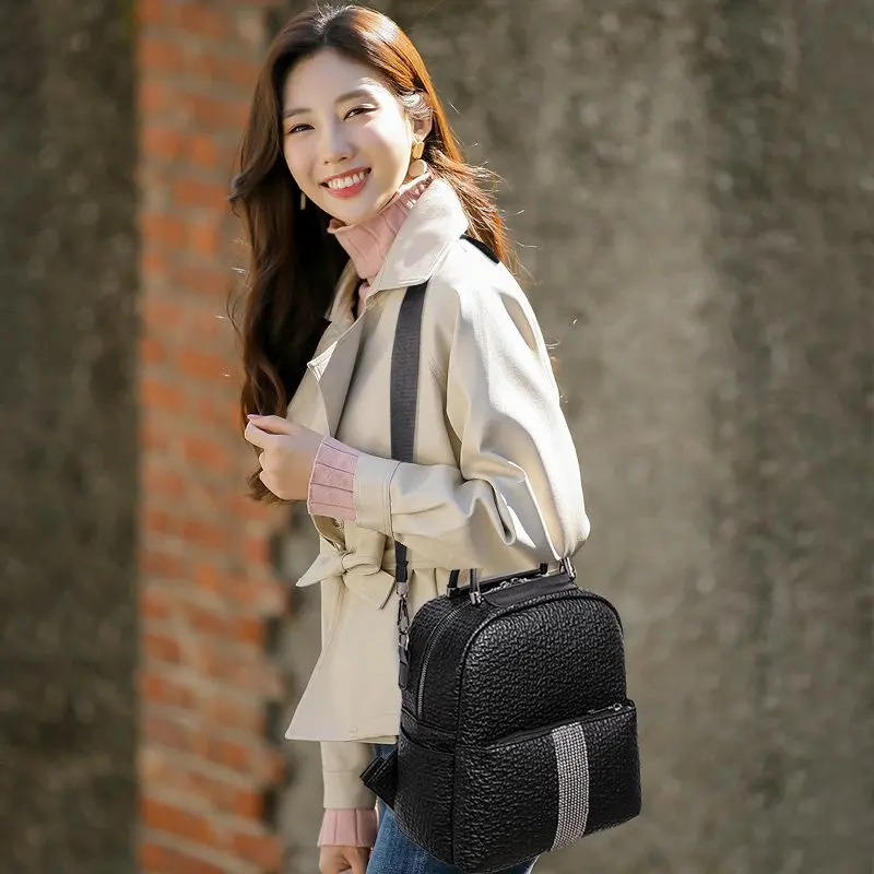 

LU FAWN New Solid Color Diamond-studded Black Backpack High Quality PU Soft Leather Shoulder Bag Fashion Women's Bag9997