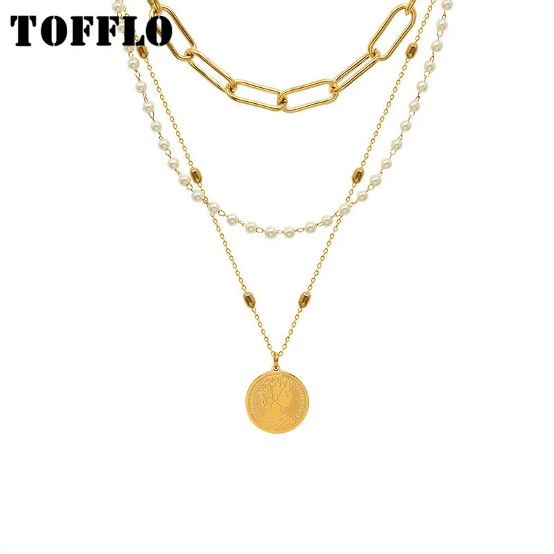 

TOFFLO Stainless Steel Jewelry Three Layer Pearl Queen Pendant Necklace Women's Fashion Clavicle Chain BSP1004