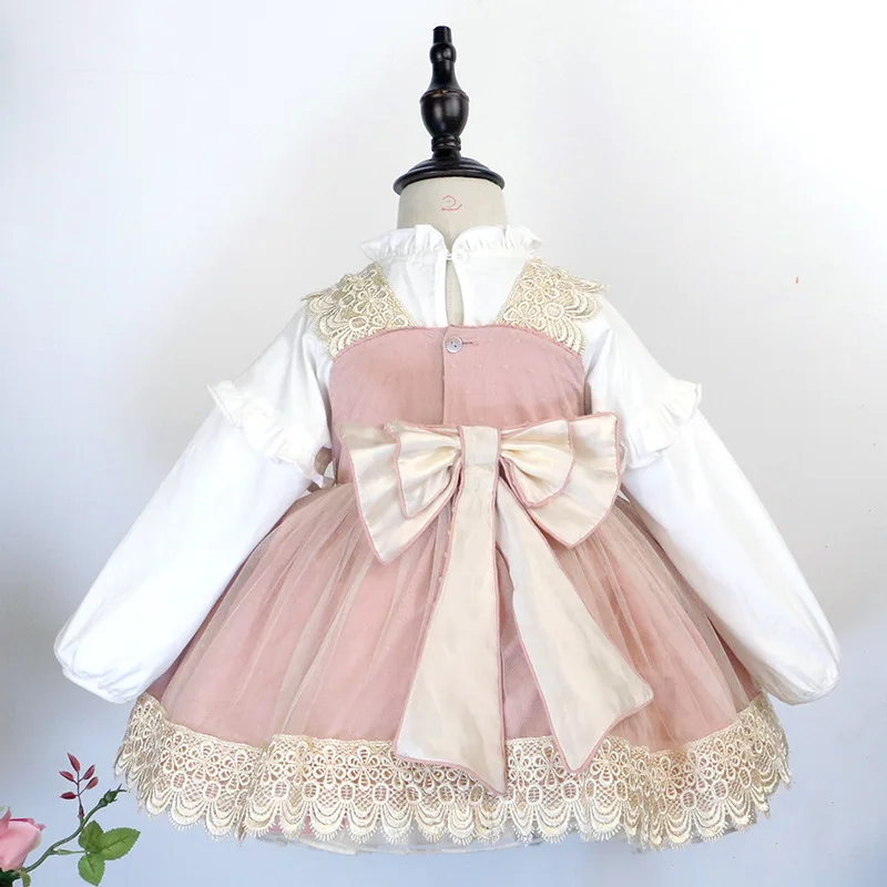 

2Pcs Vintage Spain Girls Lace Princess Dress Lolita Turkey Ball Gown Sleeveless Kids Frock Blouse Set Baby Birthday Party Dress