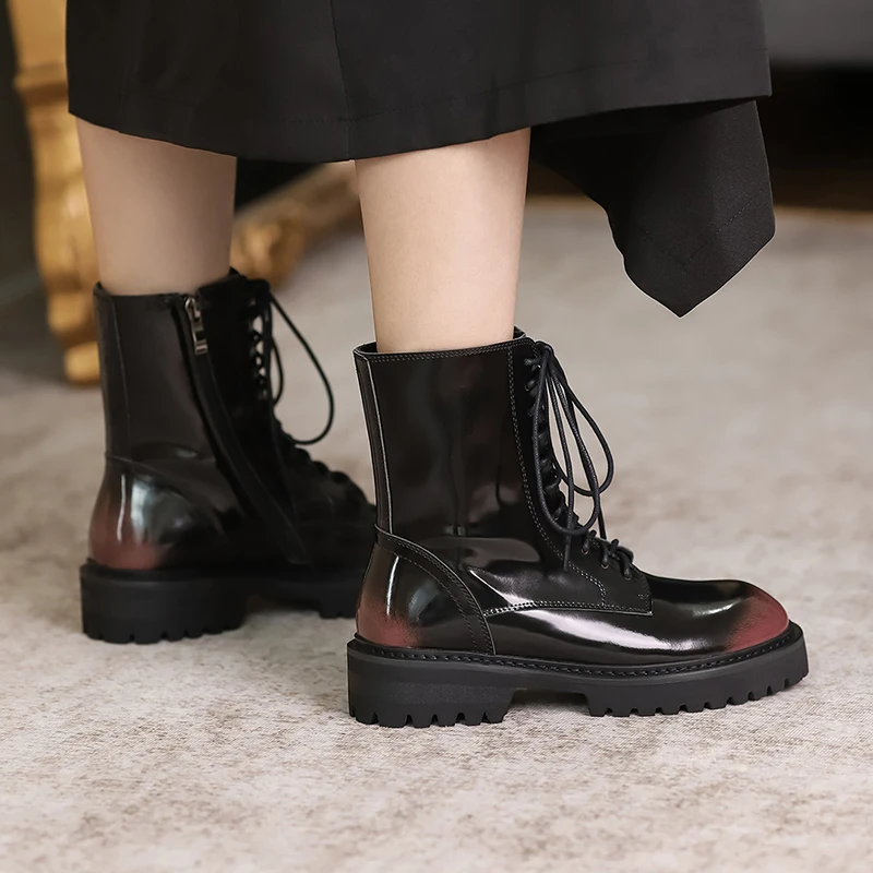 Beli Ukuran 34-40 Kulit Asli Wanita Musim Gugur Boots Wanita Chunky Hak Square Paten But Kulit Baru Kedatangan