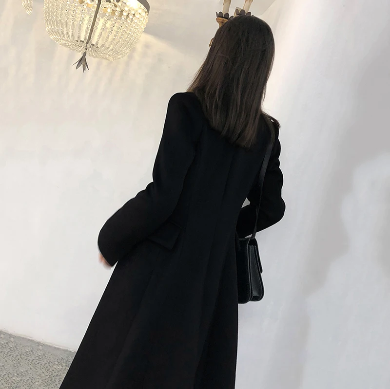 

black wool - coat, double button, loose, notched neckline, long sleeves, women's fashion, autumn, winter, 2021, 1dd3712