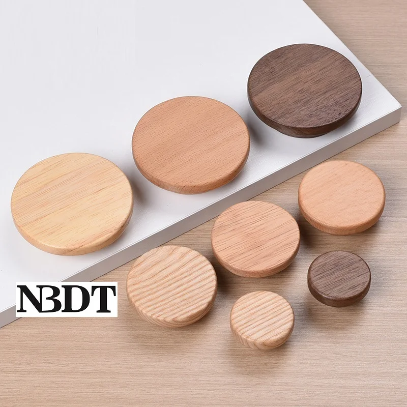 4Pcs Natrual Solid Wood Round Knob Handle For Door Furniture Cupboard Cabinet Walnut Beech Ash Rubberwood