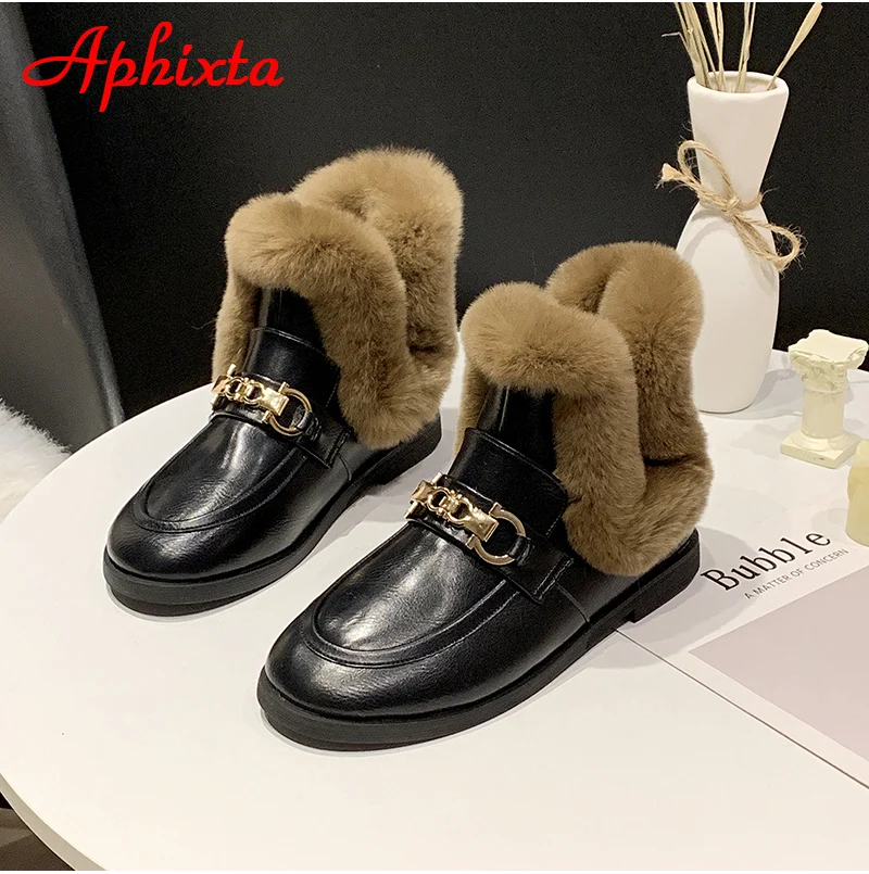 Aphixta; Новинка года; женские ботинки с пряжкой; женская кожаная обувь на меху; теплая плюшевая зимняя новая женская обувь; модные зимние ботинки
