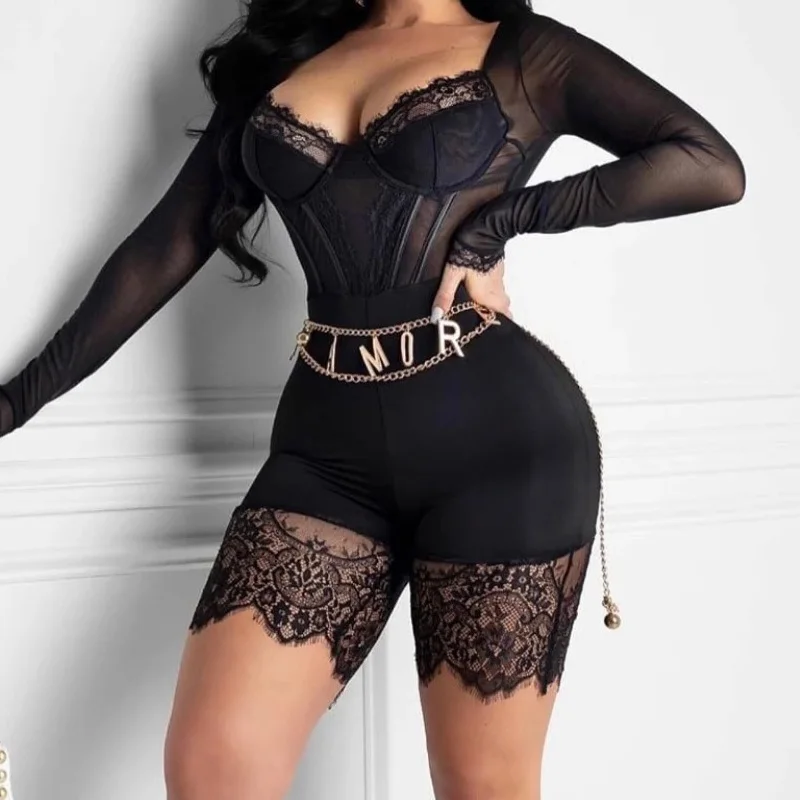 2021 сексуальный кружевной комбинезон с длинным рукавом Клубная одежда Женский