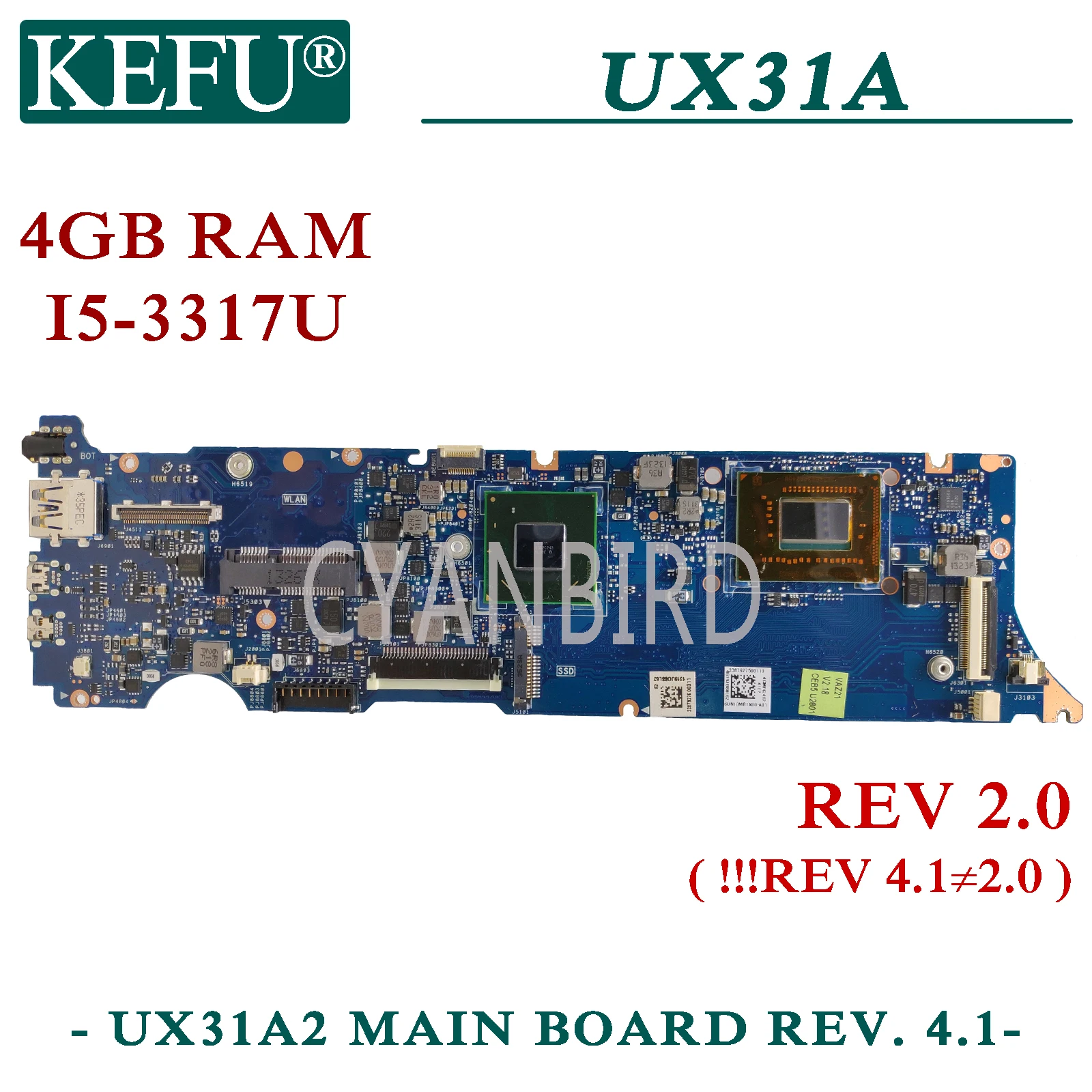 

KEFU UX31A original mainboard for ASUS ZenBook UX31A REV2.0 with I5-3317U 4GB-RAM Laptop motherboard