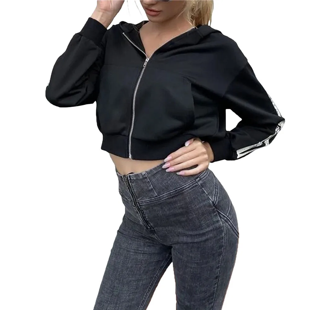 

Женский осенний Новый кардиган, повседневный модный однотонный короткий облегающий топ с длинными рукавами и капюшоном, с принтом, в просто...