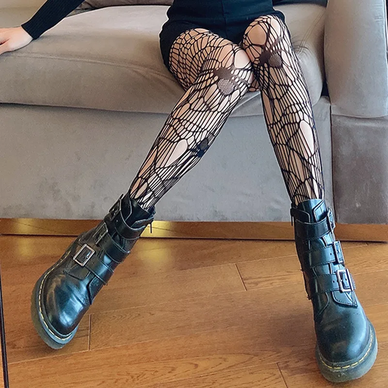 Чулки Spider Web ажурные колготки женские пикантные с черепом облегающие готические