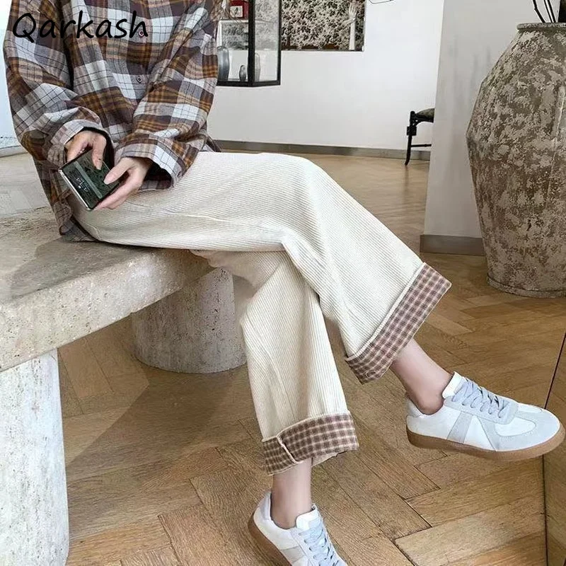 

Pants Women Vintage College Stylish All-match BF Style Ankle-Length Fall Straight Simple Retro Classic Trousers Pleated Corduroy