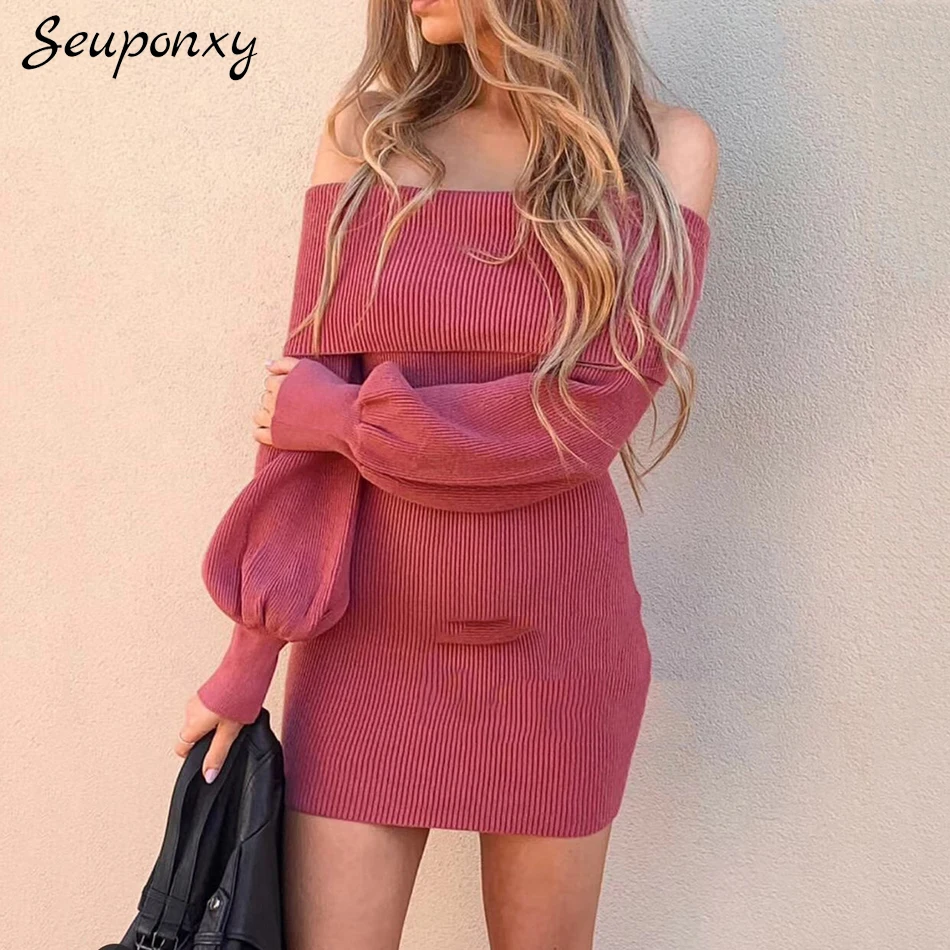 

High Quality Autumn Sexy Off-Shoulder Backless Knitted Dress 2021 Elegant Women'S Bodycon Fashion Solid Color Casual Dress
