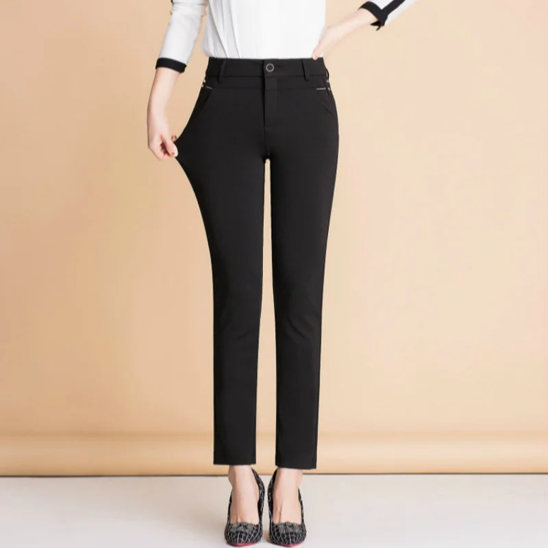 Брюки женские прямые, весна-осень 2021, облегающие повседневные женские Стрейчевые брюки, черные модные офисные женские брюки