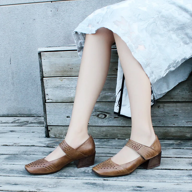 

Spring 2020 square toe shoes women's leather breathable hollow casual women heels female Mary Jane shoes