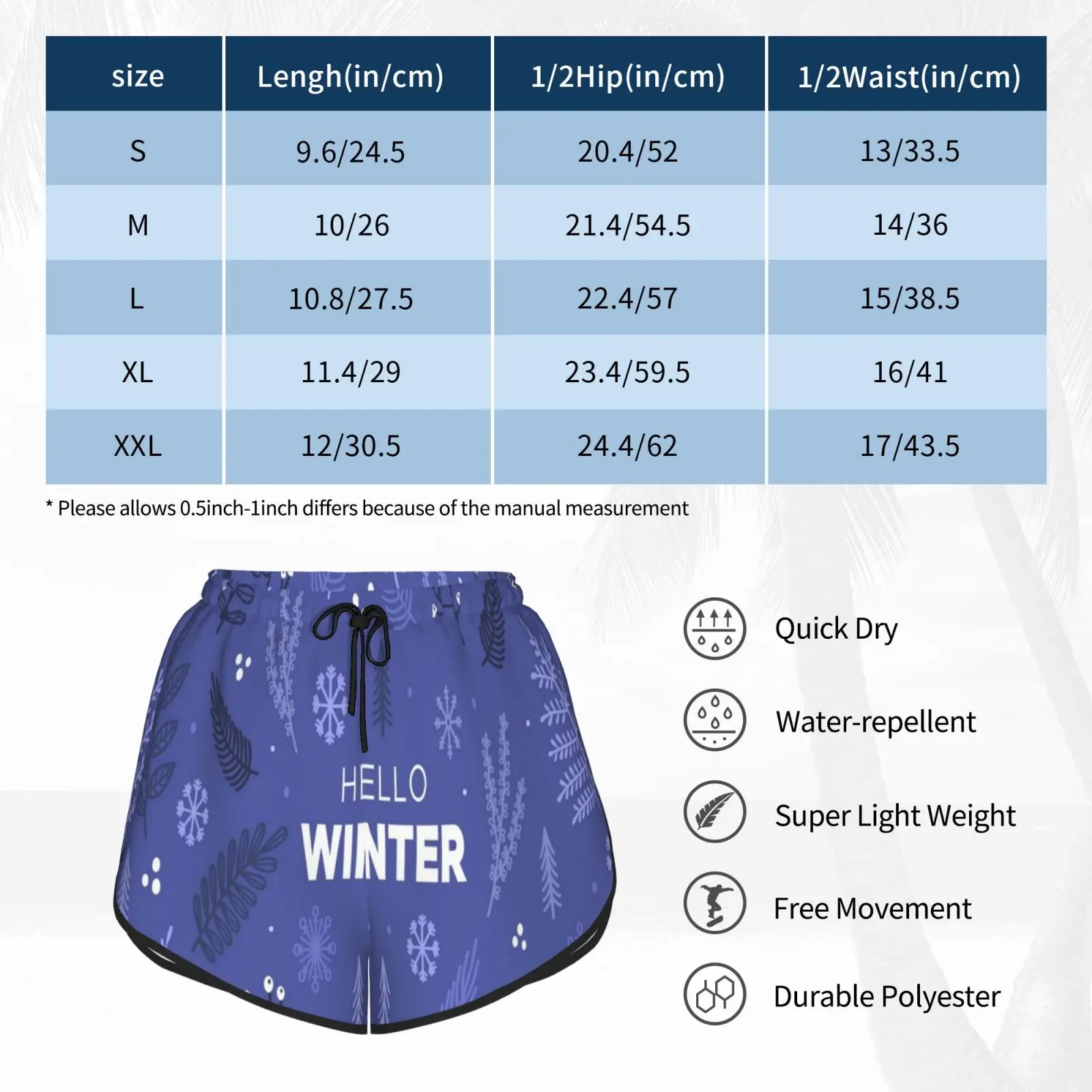 

Welcome Winter Swim Shorts Women Beach Shorts Winter Family Snow Snowflake Tree Plant Friends Season Celebration Pattern