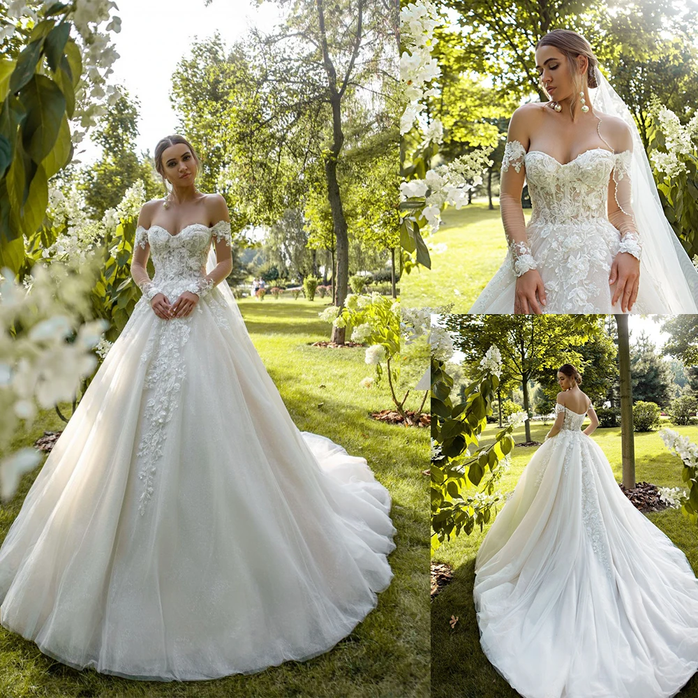 

Robes De Mariée 2020 Country Wedding Dresses Sweetheart Lace Appliques Long Sleeve Bridal Gowns Sweep Train A Line Wedding Dress