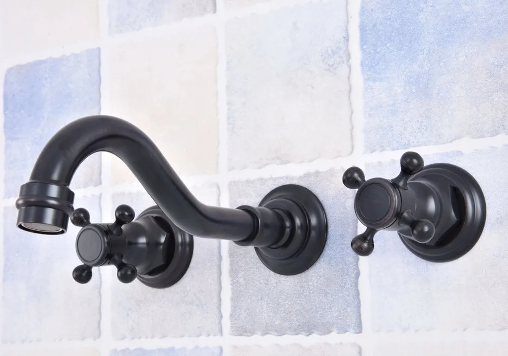 

Wall Mount Black Oil Rubbed Bronze Bathroom Basin Faucet Widespread Dual Handle Vanity Sink Mixer Tap Lsf500