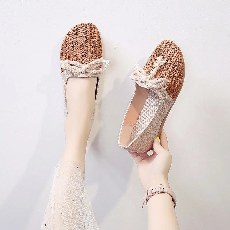 Spring Women Flats Hemp Slip on flat Shoes Woman Canvas Loafers Bowtie Casual Shoes Comfortable Ladies Shoes