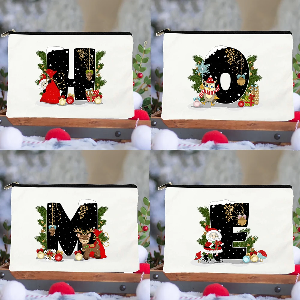 

Christmas Alphabet Snowman Canvas Cosmetic Cases Bag for Women Makeup Pouch Zipper Lipstick Storage Toiletries Organizer Handbag