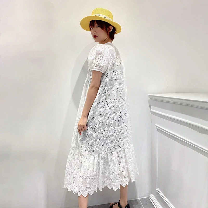 

Black Casual Dress For Women V Neck Puff Short Sleeve High Waist Pleated Solid Dresses Female Summer 2021 New Style