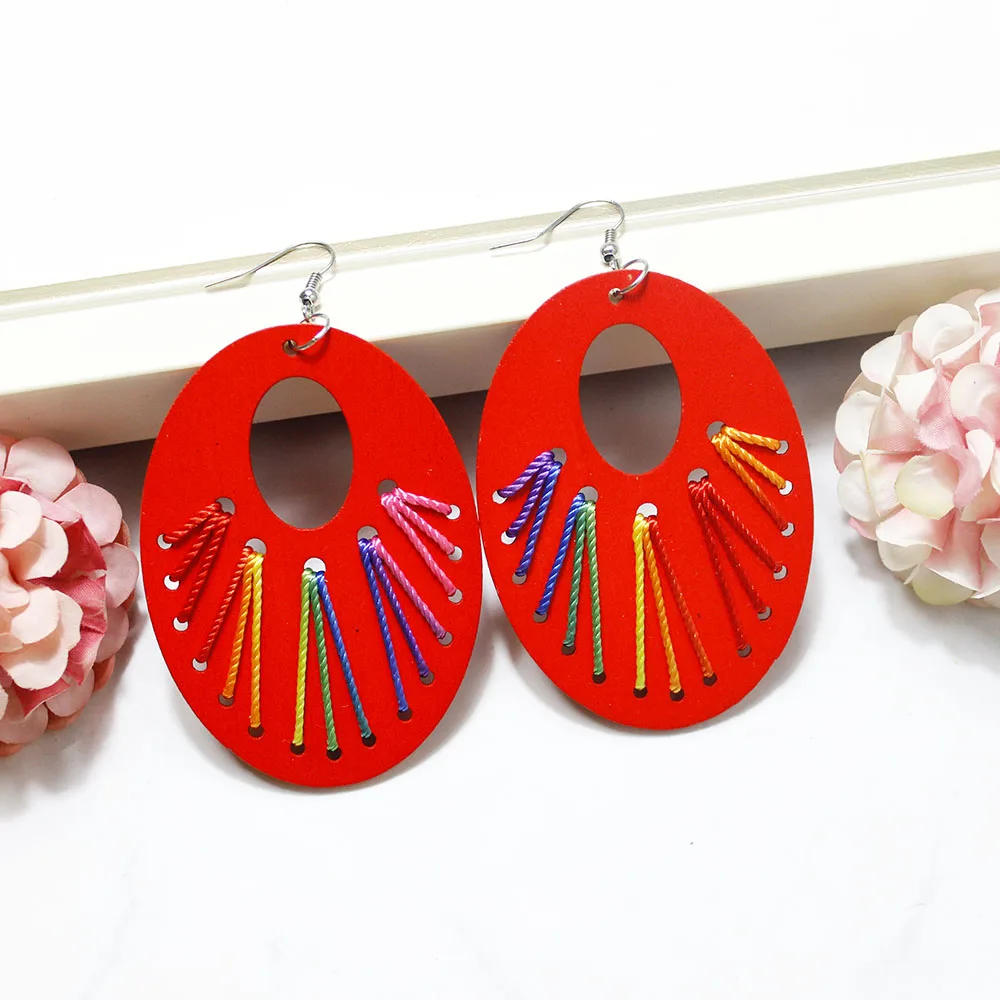 New Fashion Leaf Heart Flower Geometric Red Wooden Earrings Boho Vintage Long Tassel Drop Women Girl Gifts Jewelry |
