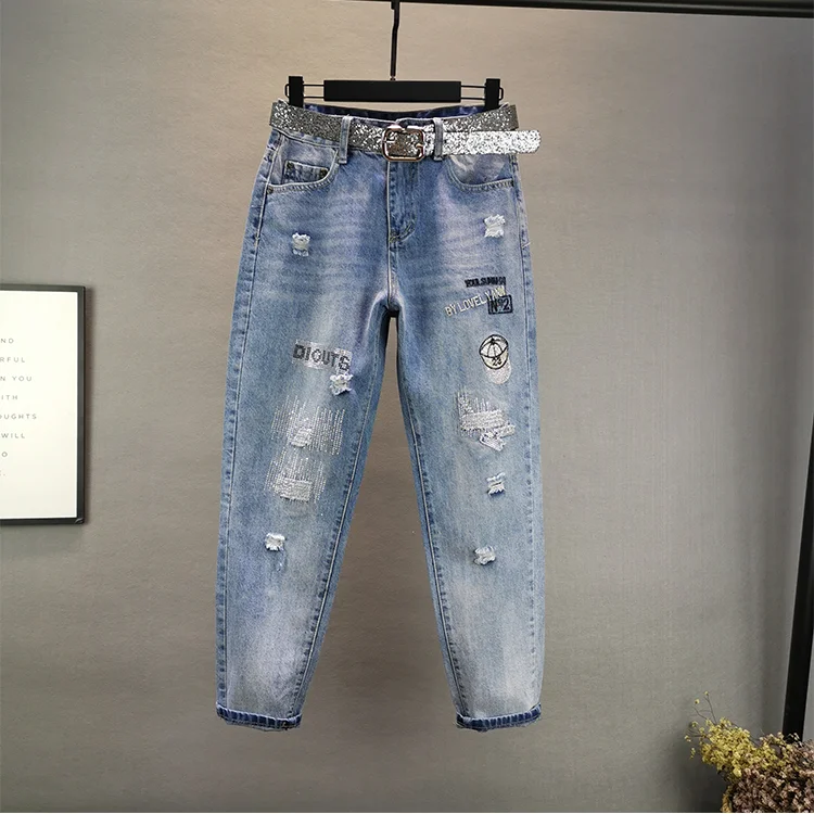 Джинсы с высокой талией для женщин синие джинсы и стразами весны осени 2020| |